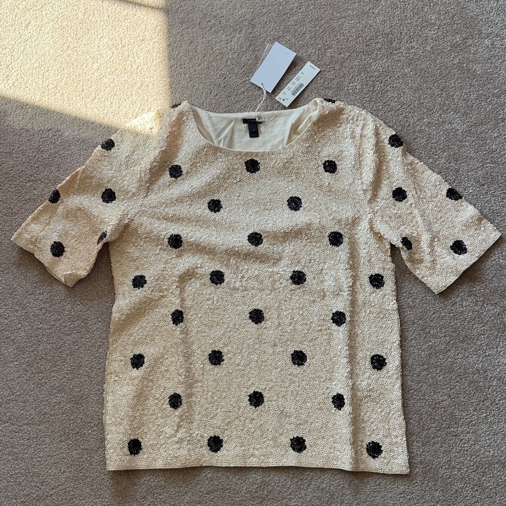 Sequin Cream Top with Black Dots